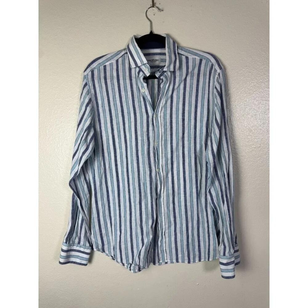 Nerosfumato Positano Blue Striped Linen Button Up Shirt Men‎ Medium Long sleeve